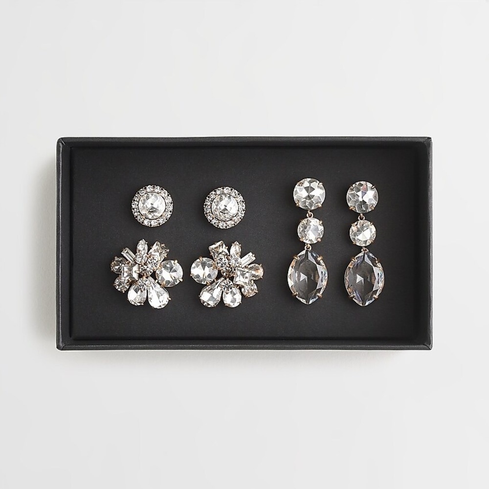 J. Crew Three Pair Crystal Earrings Box Set NWT